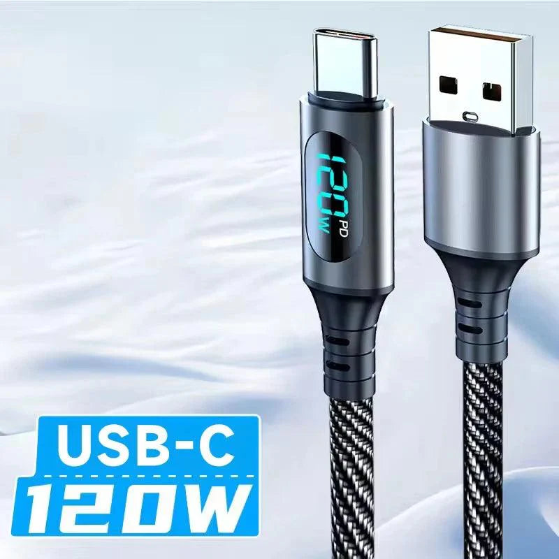 6A 120W USB A To Type C Super Fast Charge Cable Nylon Data Cord For Xiaomi Redmi POCO Samsung With Led Digital Display Cable