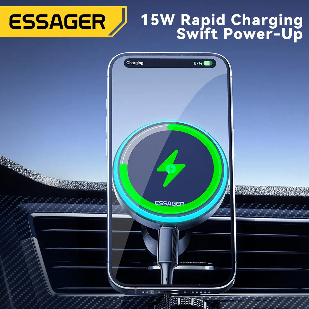 Essager Magnetic Car Phone Holder 15W Wireless Charger Stand For iPhone 17 16 15 14 Max Car Mount Charger for Magsafe LED Light