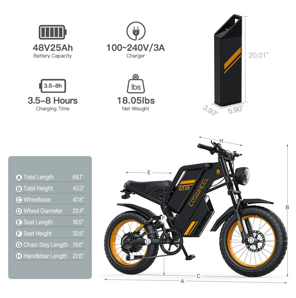 Coswheel Ebike GT20 Adult Electric Motorcycle Mountain Bikes 20Inch 48V Electric bike Fatbike Adult Motorcycles Drit bike