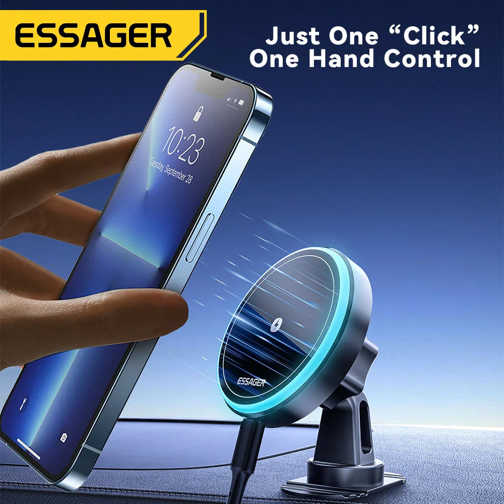 Essager Magnetic Car Phone Holder 15W Wireless Charger Stand For iPhone 17 16 15 14 Max Car Mount Charger for Magsafe LED Light