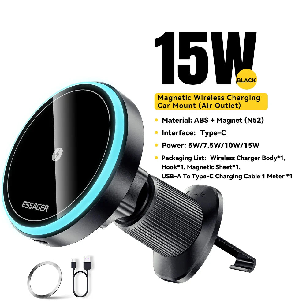 Essager Magnetic Car Phone Holder 15W Wireless Charger Stand For iPhone 17 16 15 14 Max Car Mount Charger for Magsafe LED Light